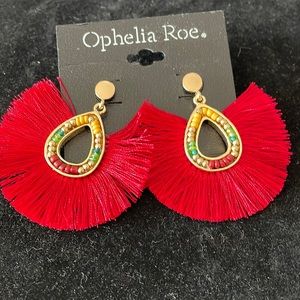 Red & gold tone hoop pierced earrings with feather & bead accents